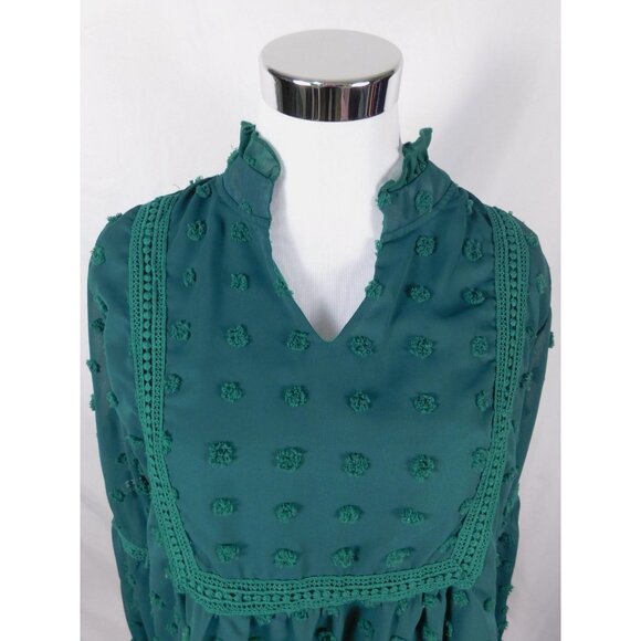 Swiss Dot Blouse Womens Medium Green Sheer Chiffon Ruffle Neck Boho Lace Trim - Picture 2 of 10